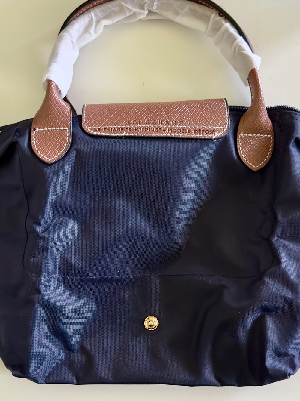 Longchamp Le Pliage Small Tote Navy Nylon Brown Leather – New w/ Minor Flaw - Picture 7 of 10